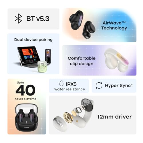 Noise Newly Launched Air Clips 2 Wireless Open Ear Earbuds with Clip Design, AirWave™ Technology,Up-to 40H Playtime, Dual Device Pairing, ENC,12mm Driver,BTv5.3 (Frost Ivory)|B0F66SKW7R