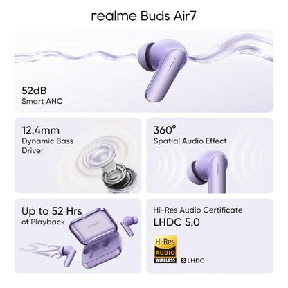 realme Earbuds Air 7 True Wireless,12.4mm Dynamic Bass Drivers,52Hrs Playtime,52dB Hybrid ANC,6 Mic ENC,45ms Low Latency,360° Spatial Audio,Hi-Res LHDC,IP55 Dust & Water Resistant,BT v5.4(SlateGrey)|B0F5GV3Y87