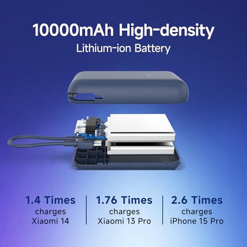 Xiaomi Pocket Power Bank 10000mAh 22.5W with Built-in Cable | Super Fast Charging PD |Smart 12 Layer Protection|Triple Output Ports|Supports Android,Apple, Tablets, Earbuds,Watch(MI Powerbank),Blue|B0D73V6CGC
