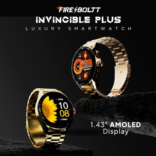 Fire-Boltt Invincible Plus 36.32mm (1.43 inch) AMOLED Display Smartwatch Bluetooth Calling, TWS Connection, 300+ Sports Modes, 110 in-Built Watch Faces, 4GB Storage & AI Voice Assistant (Gold SS)|B0C8D3T1D7