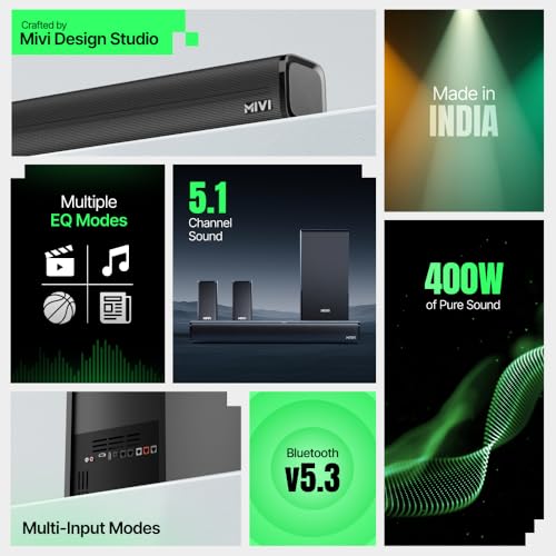 Mivi Fort Hip-Hop 4000 400 Watts Cinematic Home Theatre [Latest Launch], 5.1 Channel, Multiple EQ & Input Modes, BT v5.3, Remote Accessibility, Made in India Sound bar|B0F3J35TVD