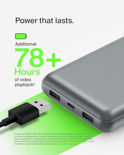 Belkin 20000 mAh Power Bank | Super Fast Charging | USB-C PD Port | 15W Charging for iPhone Series (16, 16 Pro Max), Samsung Galaxy, Google Pixel & More | 2 Years Warranty | Grey|B0CV9M9VP3