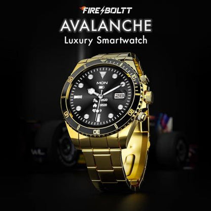 Fire-Boltt Avalanche Luxury Watch, Bluetooth Calling Smart Watch with 1.28” HD Display, 2 Button Pushers, Voice Assistance, Multiple Sports Modes, Health Suite, IP67 Resistance (Gold Black) - Nalanda Enterprises