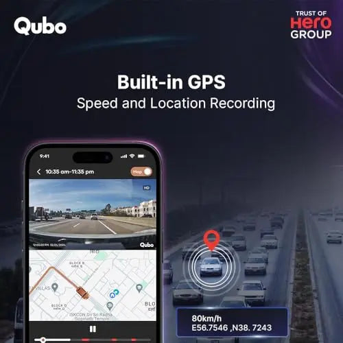 Qubo Car Dash Cam Pro 3K by Hero Group, HDR Dual Channel, Made in India, Sony STARVIS IMX335 Sensor, 3K 5MP Front QHD 2MP Rear FHD, 140° View, 3.2" LCD Display, GPS Log, Supports Up to 1 TB SD Card - Nalanda Enterprises
