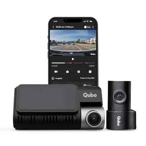 Qubo Car Dash Cam Pro 3K by Hero Group, HDR Dual Channel, Made in India, Sony STARVIS IMX335 Sensor, 3K 5MP Front QHD 2MP Rear FHD, 140° View, 3.2" LCD Display, GPS Log, Supports Up to 1 TB SD Card - Nalanda Enterprises