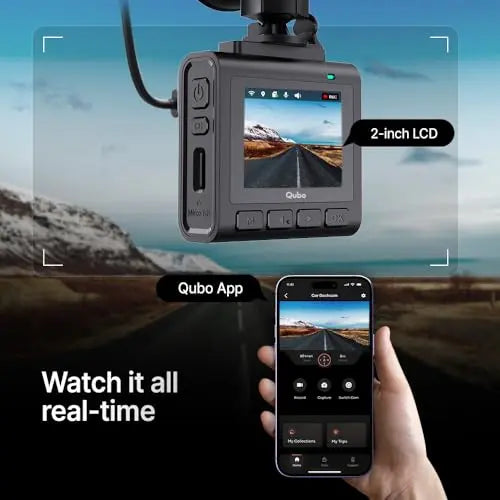Qubo dash cam with 2-inch LCD displaying road view, real-time feed on mobile Qubo app, corporate gifting product by Nalanda Enterprises.
