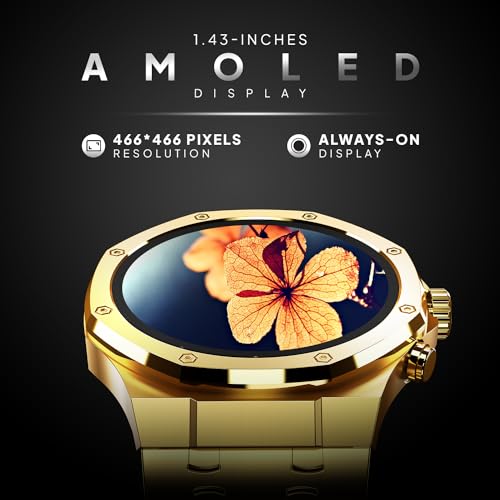 Fire-Boltt Royale Luxury Stainless Steel Smart Watch 36.32mm (1.43 inch) AMOLED Display, Always On, 750 NITS Peak Brightness 466 * 466 px Resolution. Bluetooth Calling, IP67, 75Hz Refresh Rate (Gold)|B0CH8N4XH2