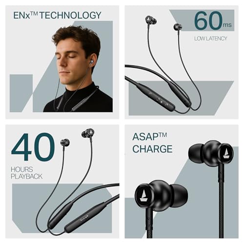 Boat Rockerz 113, 40H Battery, Dual Pair, Fast Charge, ENx Tech, Stream Ad Free Music via App Support, Magnetic Buds, Bluetooth Neckband, Wireless with Mic in Ear Earphones (Active Black)|B0F7Y54PJX