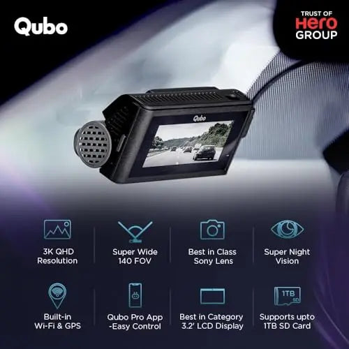 Qubo Car Dash Cam Pro 3K by Hero Group, HDR Dual Channel, Made in India, Sony STARVIS IMX335 Sensor, 3K 5MP Front QHD 2MP Rear FHD, 140° View, 3.2" LCD Display, GPS Log, Supports Up to 1 TB SD Card - Nalanda Enterprises
