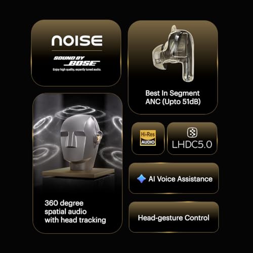 Noise Master Buds 2 with Sound by Bose (2026),51dB Adaptive ANC, Hi-Res LHDC Audio,360° Spatial Audio with Head Tracking, 6-mic ENC, Dual Pairing, Fast Charge & BT v6.1 (Aurum)|B0G2CD21GR