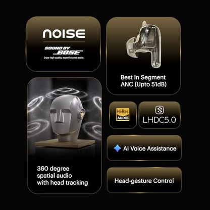 Noise Master Buds 2 with Sound by Bose (2026),51dB Adaptive ANC, Hi-Res LHDC Audio,360° Spatial Audio with Head Tracking, 6-mic ENC, Dual Pairing, Fast Charge & BT v6.1 (Aurum)|B0G2CD21GR