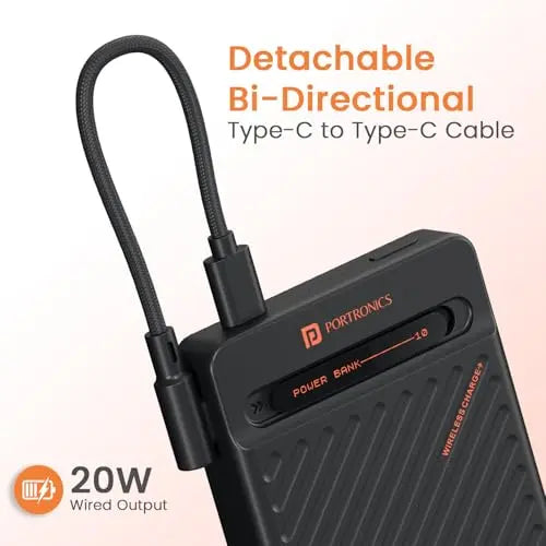 Portronics wireless power bank with detachable Type-C cable, 20W output, Nalanda Enterprises