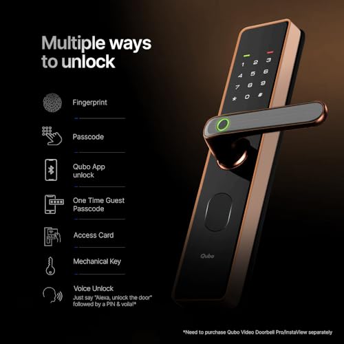 QUBO Smart Door Lock Select from Hero Group (2025 Edition) | 7-Way Unlocking | 5 Bolts | Fingerprint | Remote Unlocking via OTP | PIN | Access Card | Mobile App | 2 Years Brand Warranty | (Copper)|B0DWMZ5F2Y