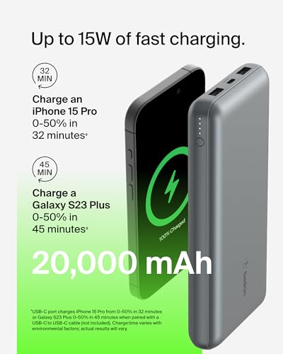 Belkin 20000 mAh Power Bank | Super Fast Charging | USB-C PD Port | 15W Charging for iPhone Series (16, 16 Pro Max), Samsung Galaxy, Google Pixel & More | 2 Years Warranty | Grey|B0CV9M9VP3