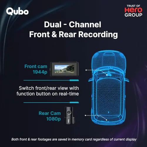 Qubo Car Dash Cam Pro 3K by Hero Group, HDR Dual Channel, Made in India, Sony STARVIS IMX335 Sensor, 3K 5MP Front QHD 2MP Rear FHD, 140° View, 3.2" LCD Display, GPS Log, Supports Up to 1 TB SD Card - Nalanda Enterprises