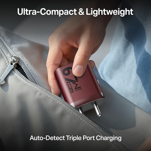 boAt 67W GaN Charger USB Type C, Ultra-Fast Triple Port Fast Charging, Laptop Compatible, Compact & Lightweight, Supports All iPhones, Android Phones, Laptops, Macbooks (Monarch Red)|B0F4XWCQY4