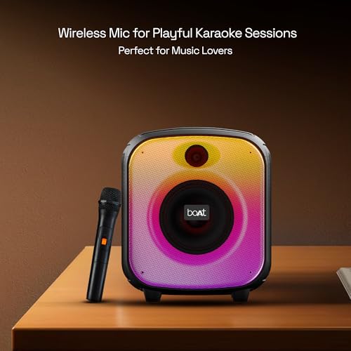 boAt PartyPal 63 Pro Bluetooth Speaker with 30 W Signature Sound, Karaoke with Mic, Customizable RGB LEDs, Wireless Mic, Upto 8 hrs Playback, BTv5.3, TWS Mode, Bass Boost, AUX & Port(Midnight Black)|B0D9VKLC6B