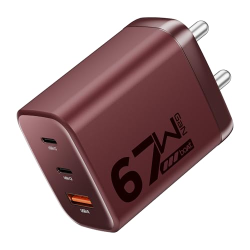 boAt 67W GaN Charger USB Type C, Ultra-Fast Triple Port Fast Charging, Laptop Compatible, Compact & Lightweight, Supports All iPhones, Android Phones, Laptops, Macbooks (Monarch Red) - Nalanda Enterprises