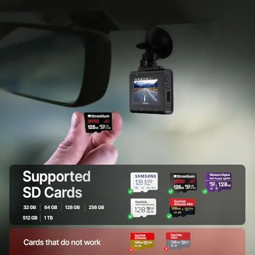Hand holding Strontium 128GB microSD card near a car dashcam, with SD card compatibility chart.