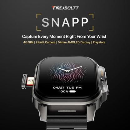 Fire-Boltt Snapp Smart Watch, Selfie Camera, 4G Nano-SIM Slot, 54.1mm AMOLED Display, Play Store- Unlimited apps, 1000mAh Battery, 2GB/4GB RAM + 16GB/64GB ROM (Jet Black Luxe)|B0D6BT12G8