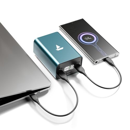 boAt EnergyShroom PB600 PowerPulse 27000mAh Power Bank| 160W Total Output, 2xUSB-C (2-Way Port), 2xUSB-A Port, 100W Type-C to C Cable, Compatible w/Laptop, Smartphone, Tablets Earphone,Watch(Gunmetal) - Nalanda Enterprises