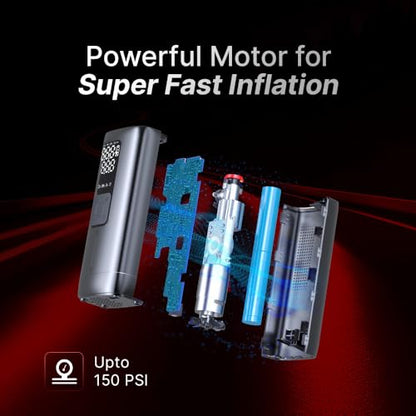 Qubo Digital Tyre Pressure Inflator Max | 150 PSI | 5200 mAh Battery | Dual Mode (Battery + 12V Port) | Super Fast Inflation | Digital Display | 5 Air Fill Modes | Auto Cut-Off | Multiple Nozzles|B0D37XX7W6
