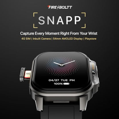 Fire-Boltt Snapp Smart Watch, Selfie Camera, 4G Nano-SIM Slot, 54.1mm AMOLED Display, Play Store- Unlimited apps, 1000mAh Battery, 2GB/4GB RAM + 16GB/64GB ROM (Archaic Black)|B0D6BWLMNZ