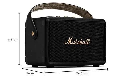 Marshall Kilburn II Portable Bluetooth Speaker with 20+ Hours of Portable Playtime, (360° Sound), Water-Resistant (IPX2) Black & Brass. - Nalanda Enterprises