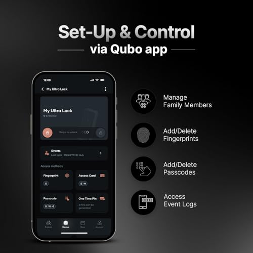 QUBO Smart Door Lock Ultra from Hero Group | 7-Way Unlocking | 5 Bolts | Fingerprint | Remote Unlocking via OTP | PIN | Access Card | Mobile App | Mechanical Key | 3 Years Brand Warranty | (Black)|B0DWMVXVHF