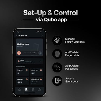 QUBO Smart Door Lock Ultra from Hero Group | 7-Way Unlocking | 5 Bolts | Fingerprint | Remote Unlocking via OTP | PIN | Access Card | Mobile App | Mechanical Key | 3 Years Brand Warranty | (Black)|B0DWMVXVHF
