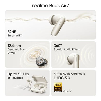realme Earbuds Air 7 True Wireless,12.4mm Dynamic Bass Drivers,52Hrs Playtime,52dB Hybrid ANC,6 Mic ENC,45ms Low Latency,360° Spatial Audio,Hi-Res LHDC,IP55 Dust & Water Resistant,BT v5.4(SlateGrey)|B0F5GV3Y87