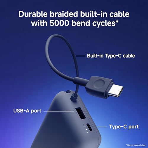 Xiaomi Pocket Power Bank 10000mAh 22.5W with Built-in Cable | Super Fast Charging PD |Smart 12 Layer Protection|Triple Output Ports|Supports Android,Apple, Tablets, Earbuds,Watch(MI Powerbank),Blue|B0D73V6CGC