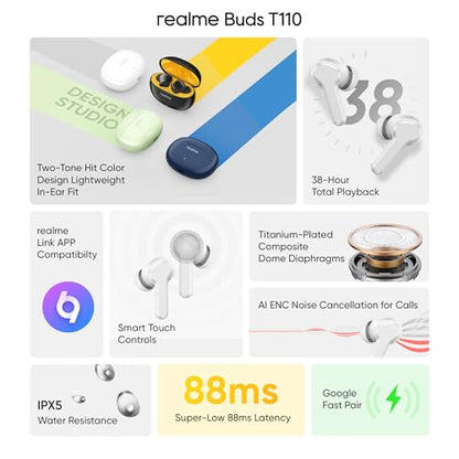 realme Earbuds T110 with Ai Enc for Calls, Upto 38 Hours of Playback and Fast Charging Bluetooth in Ear Headset (Punk Black, True Wireless)|B0D212YMD7