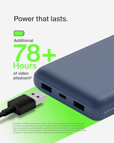 Belkin 20000 mAh Power Bank | Super Fast Charging | USB-C PD Port | 15W Charging for iPhone Series (16, 16 Pro Max), Samsung Galaxy, Google Pixel & More | 2 Years Warranty | Blue|B09NTNMXL8