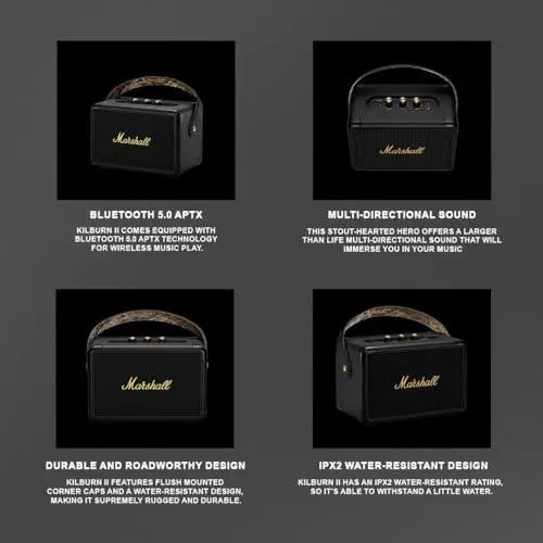 Marshall Kilburn II Portable Bluetooth Speaker with 20+ Hours of Portable Playtime, (360° Sound), Water-Resistant (IPX2) Black & Brass. - Nalanda Enterprises
