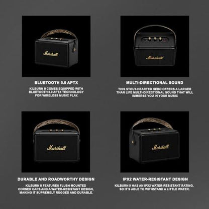 Marshall Kilburn II Portable Bluetooth Speaker with 20+ Hours of Portable Playtime, (360° Sound), Water-Resistant (IPX2) Black & Brass. - Nalanda Enterprises