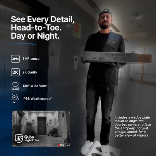 Qubo Smart Wi-Fi Video Doorbell Pro 2K from Hero Group | Instant Phone Visitor Video Call | Intruder Alarm | 3MP 1296P Resolution | 2-Way Talk | NightPulse Vision|B0D1BYW5WZ