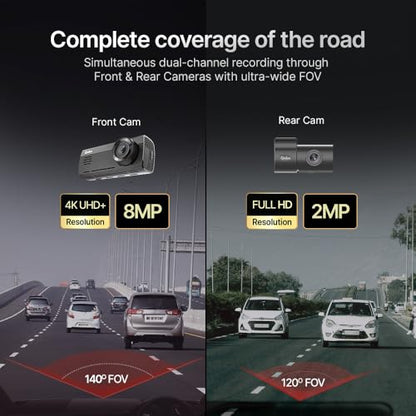 Qubo Car Dashcam Pro 4K | True 4K with Sony STARVIS IMX415 Sensor | Dual Channel | ADAS | NightPulse Vision | 8MP UHD+ Front (140°), 2MP FHD Rear | 2.8" LCD | Built-in GPS, Wi-Fi | Up to 1TB Storage|B0CYWN36YH
