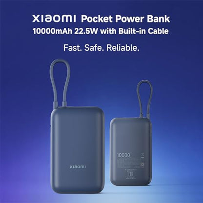 Xiaomi Pocket Power Bank 10000mAh 22.5W with Built-in Cable | Super Fast Charging PD |Smart 12 Layer Protection|Triple Output Ports|Supports Android,Apple, Tablets, Earbuds,Watch(MI Powerbank),Blue|B0D73V6CGC