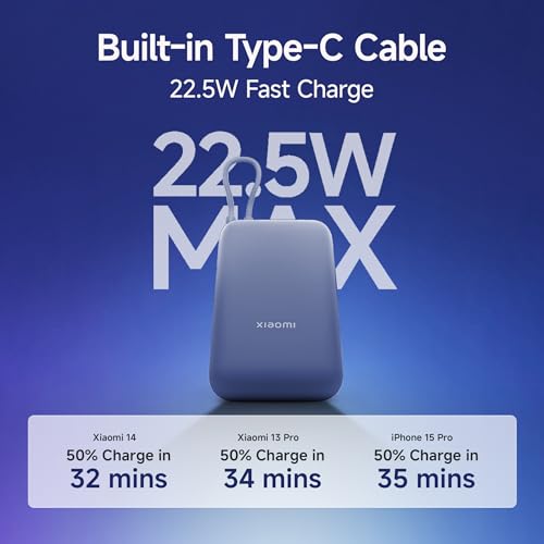 Xiaomi Pocket Power Bank 10000mAh 22.5W with Built-in Cable | Super Fast Charging PD |Smart 12 Layer Protection|Triple Output Ports|Supports Android,Apple, Tablets, Earbuds,Watch(MI Powerbank),Blue|B0D73V6CGC