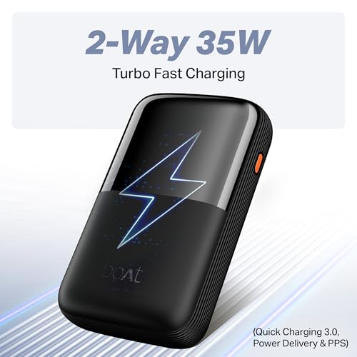 boAt Energyshroom PB400 Turbo X 20000 mAh 35W Super Fast Charging, Compact Power Bank, Smart 12 Layer Protection (3X Output Ports, Supports Android, iPhone, Tablets, Earbuds, etc.) (Sable Black)|B0FHWG1RZQ