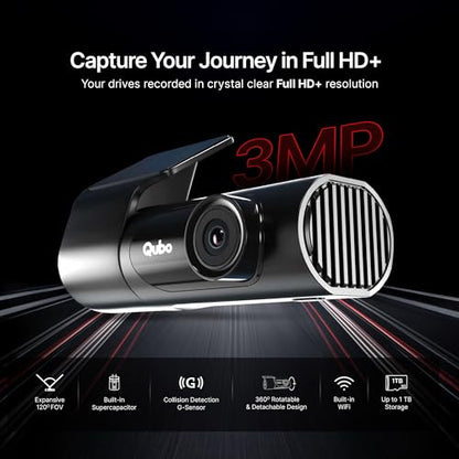 Qubo Car Dashcam Pro X by Hero Group | 3MP 1296P FHD+ Camera | NightPulse Vision | Wide-Angle FOV | Supercapacitor | Built-in Wi-Fi, Mic | App Control | G-Sensor | Up to 1TB Storage| (Space Grey)|B0CGQXY29P
