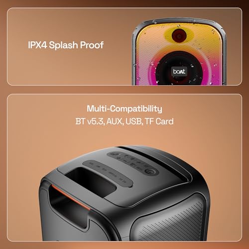 boAt PartyPal 63 Pro Bluetooth Speaker with 30 W Signature Sound, Karaoke with Mic, Customizable RGB LEDs, Wireless Mic, Upto 8 hrs Playback, BTv5.3, TWS Mode, Bass Boost, AUX & Port(Midnight Black)|B0D9VKLC6B