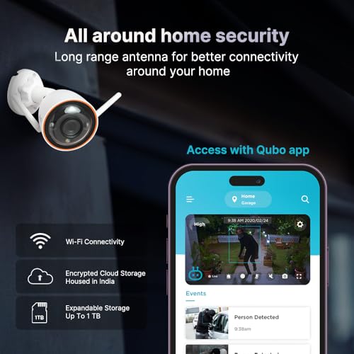 QUBO Smart Outdoor 2K 3MP 1296p WiFi Bullet Camera from Hero Group | Color Night Vision | AI Person Detection | Smart Spotlight | IP66 Weather Resistant | Made in India | 2024 Launch | (Pack of 1) (1) - Nalanda Enterprises