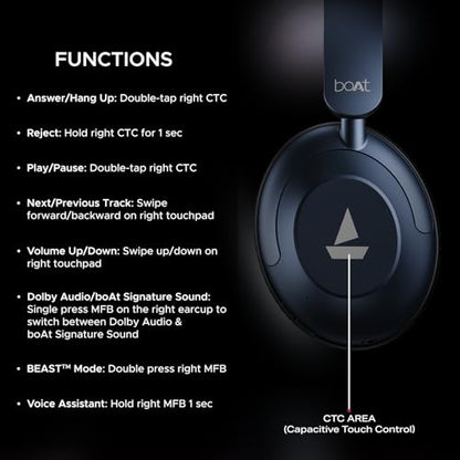 boAt New Launch Rockerz 650 Pro, Touch/Swipe Controls, Dolby Audio, 80Hrs Battery, 2Mics ENx, Fast Charge, App Support, Dual Pair, Bluetooth Over Ear Headphones with Mic (Iris Black)