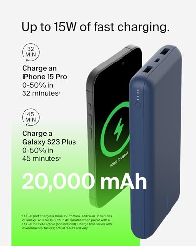 Belkin 20000 mAh Power Bank | Super Fast Charging | USB-C PD Port | 15W Charging for iPhone Series (16, 16 Pro Max), Samsung Galaxy, Google Pixel & More | 2 Years Warranty | Blue|B09NTNMXL8