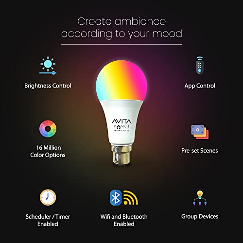 AVITA DOMUS 9W Smart LED Bulb, 16 Million Color options (RGB) + Music Sync, operated through Amazon Alexa & Google Assistant|B09RWY2TW3