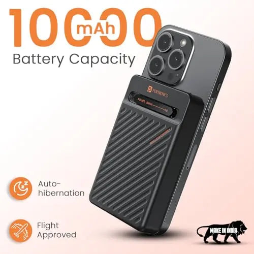 Portronics 10000mAh power bank attached to smartphone, flight approved, auto-hibernation, Make in India logo, Nalanda Enterprises.