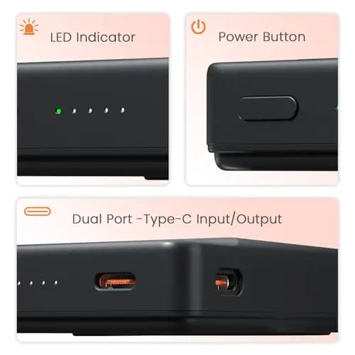 Close-up of black power bank with LED indicator, power button, and dual Type-C ports from Nalanda Enterprises.