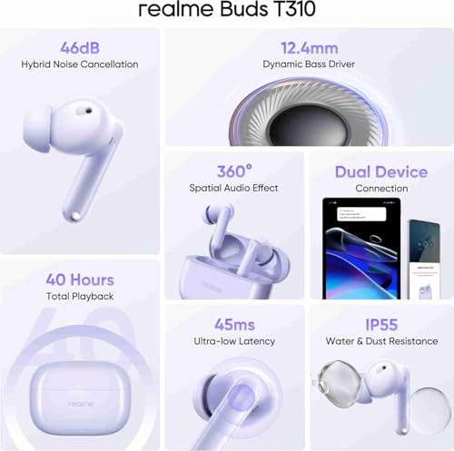 realme Buds T310 True Wireless in-Ear Earbuds with 46dB Hybrid ANC, 360° Spatial Audio, 12.4mm Dynamic Bass Driver, Upto 40Hrs Battery and Fast Charging (Vibrant Black)|B0DBGP48NW